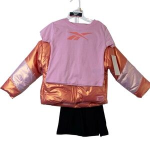 Reebok Girls 3-Pc Set Metallic Puffer Jacket Pink Tee & Black Leggings NWT